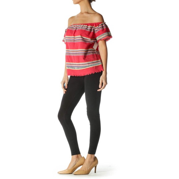 Anthro dRA Off Shoulder Striped Top with Boho Fringe Hem XS Preowned - Picture 9 of 10